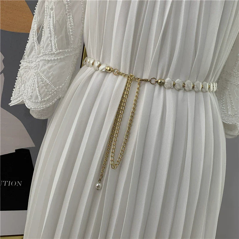 "Women’s Thin Metal Belt with Pearl Waist Chain – Versatile Dress Accessory JLTHB0263"