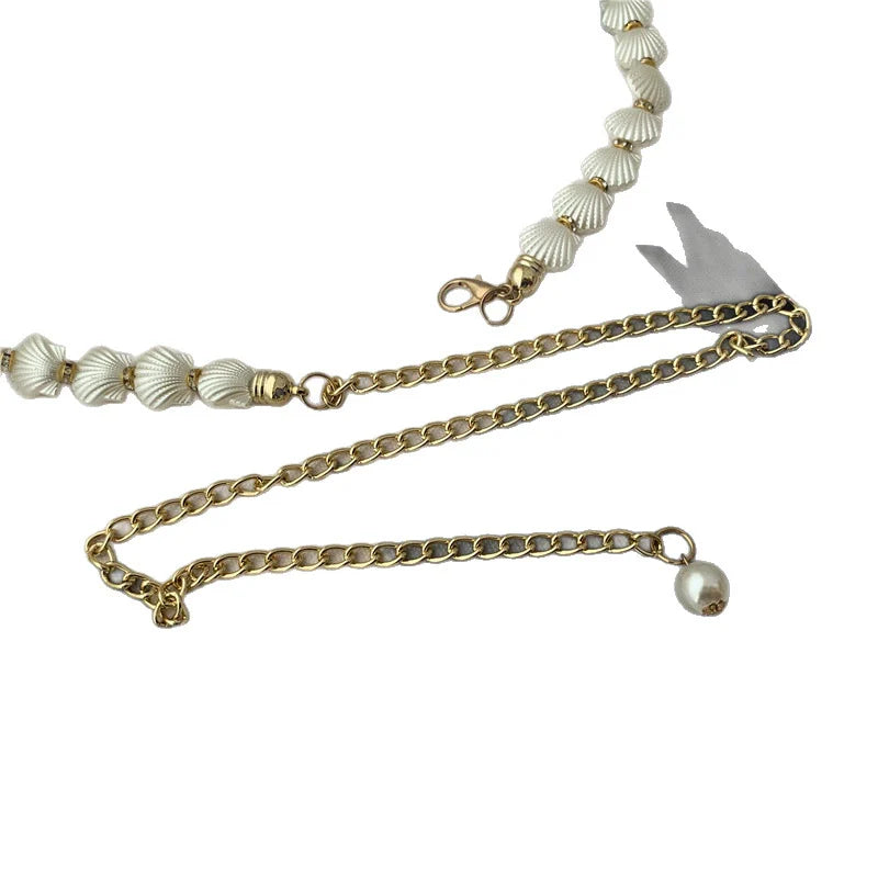 "Women’s Thin Metal Belt with Pearl Waist Chain – Versatile Dress Accessory JLTHB0263"
