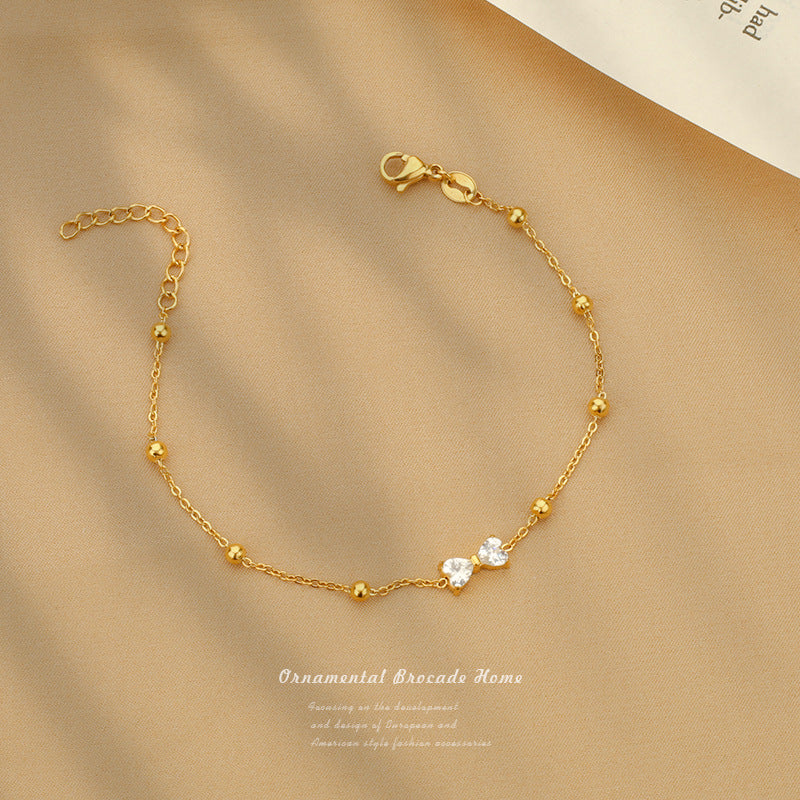 Adjustable Zircon White Bow Golden Bracelet – Dainty Beaded Chain Design Bracelet jltb0535