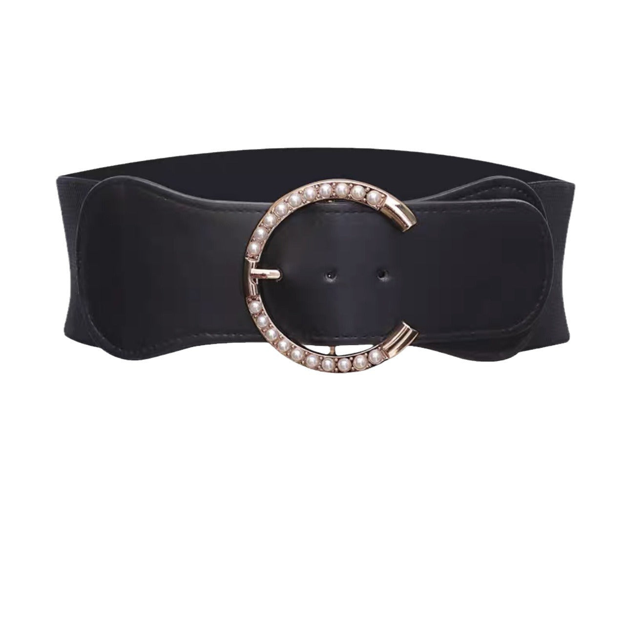 "Women’s Wide Pearl Girdle Belt – Black Waist Accessory for Dresses & Coats"