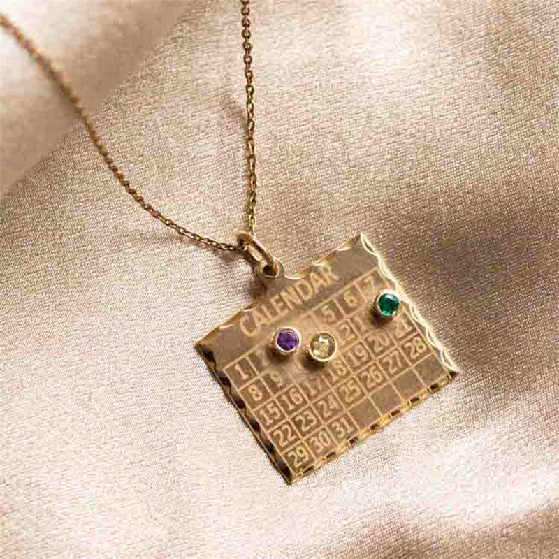 "Calendar Pendant Necklace with Gemstones | Personalized Gold Jewelry"-jltn0661