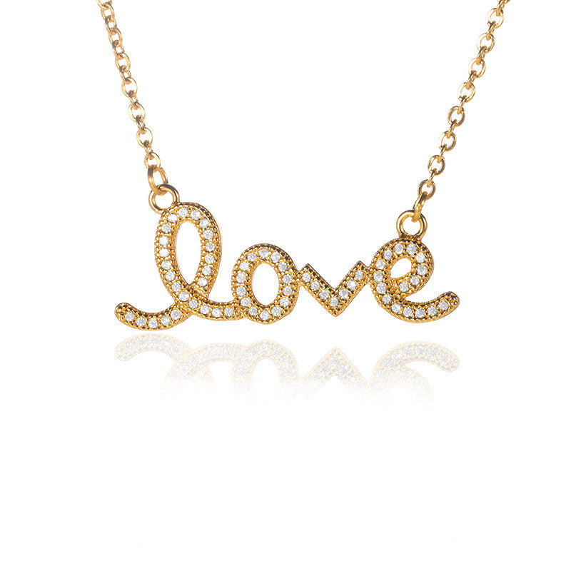 White Stone Inlaid on LOVE Pendant Gold Necklace JLTN1292