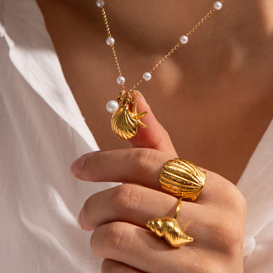 Artifical Golden Seashell & Starfish Charm with Pearls Necklace JLTN1043