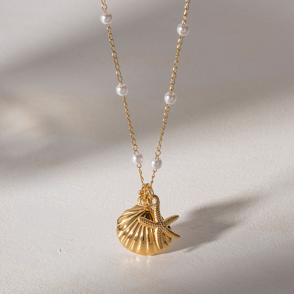 Artifical Golden Seashell & Starfish Charm with Pearls Necklace JLTN1043
