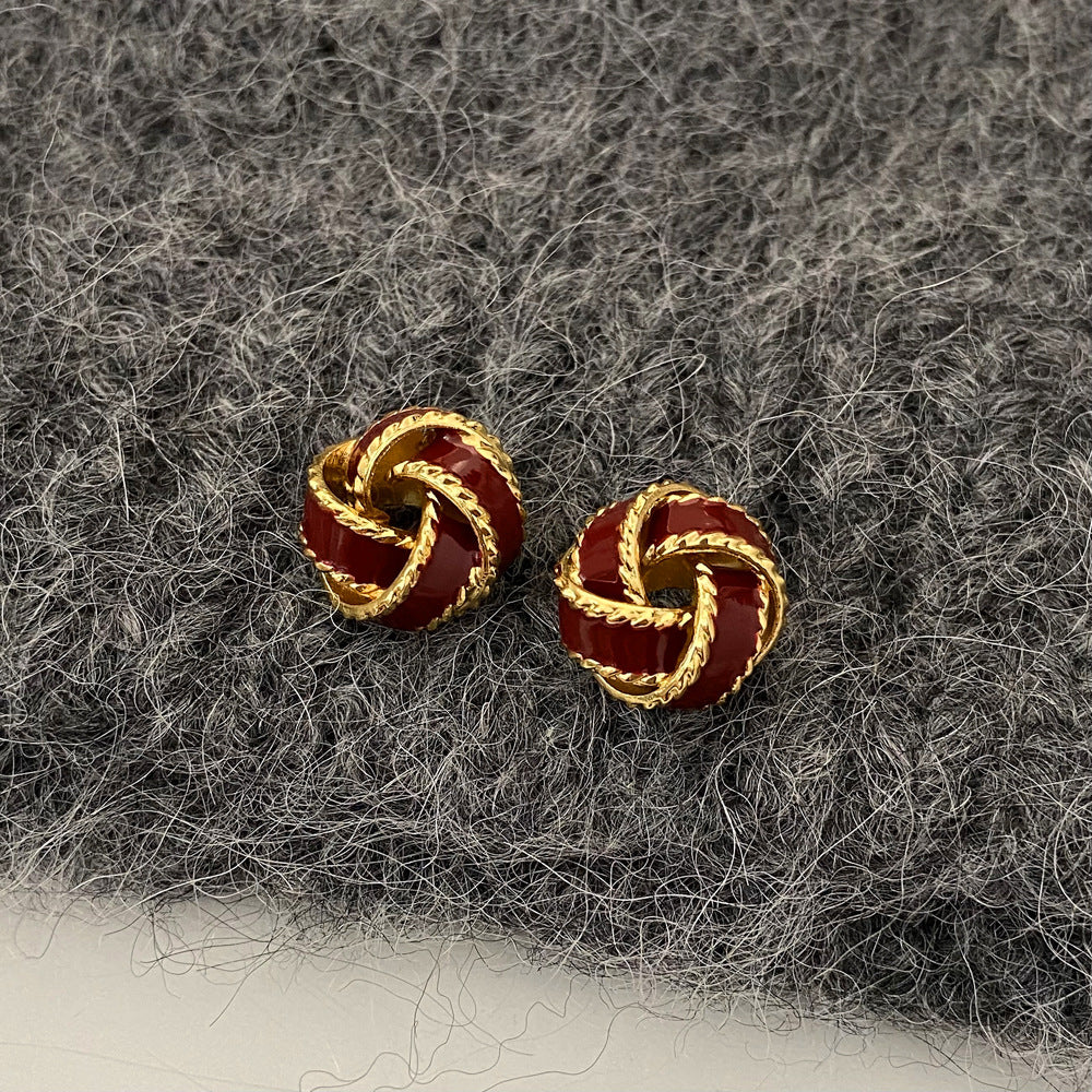 Vintage Trifari Enamel Knot Button Red  Stud Earrings JLT12708