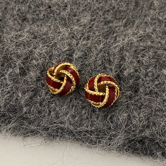 Vintage Trifari Enamel Knot Button Red  Stud Earrings JLT12708