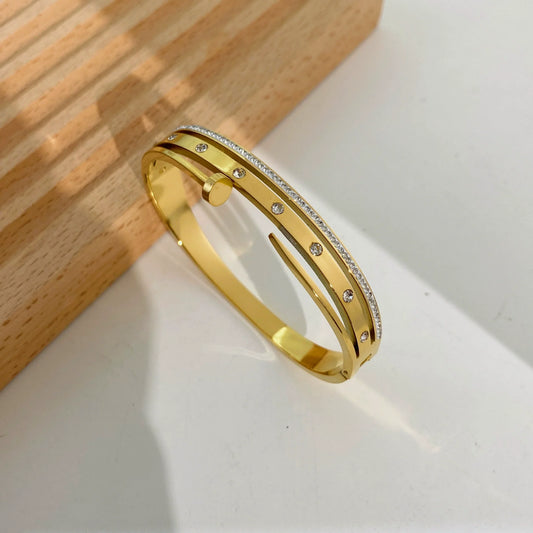 Anti-tarnish Contemporary Gold Nail Accent and Crystal Designer Bracelet  JLTB0735