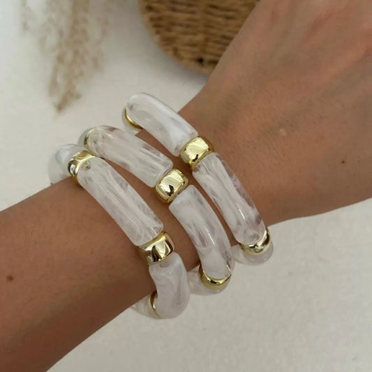 White Marbled Resin Bracelet Set – Gold Accent Segment Design JLTB0906 - Pack Of 3