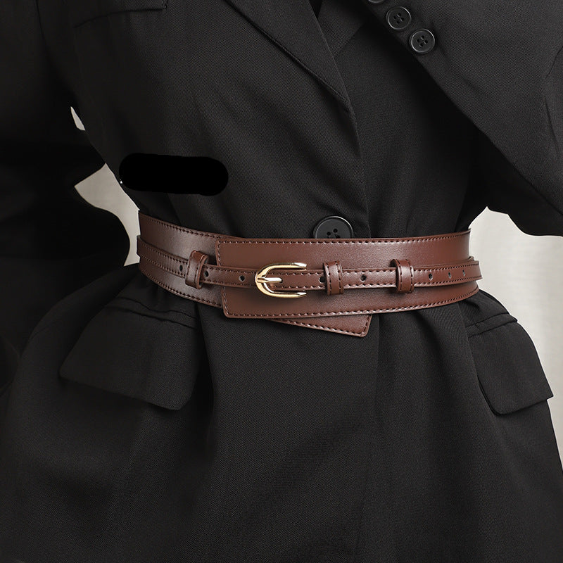Women's wide belt decorated suit with skirt, sweater, coat, elastic waistband