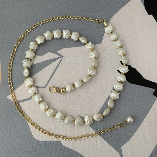 "Women’s Thin Metal Belt with Pearl Waist Chain – Versatile Dress Accessory JLTHB0263"
