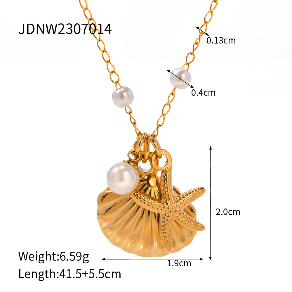 Artifical Golden Seashell & Starfish Charm with Pearls Necklace JLTN1043