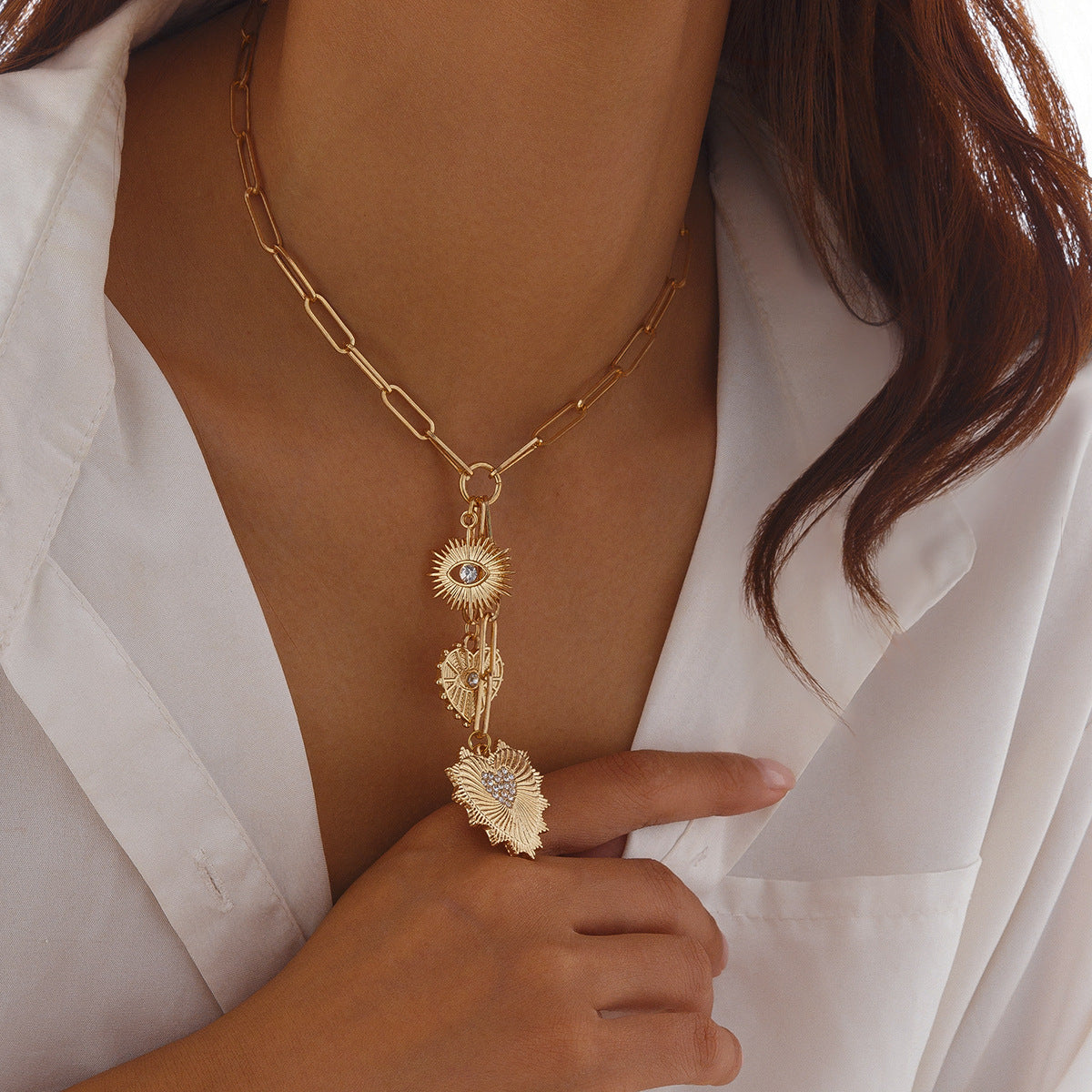 White Pearl Inlaid Evileye Heart Charm Choker Gold Necklace JLTN1229