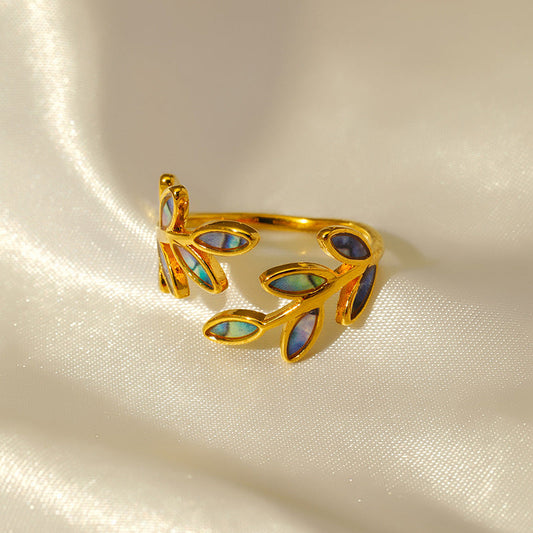 Unique Gold Leaf Motif Open Ring with Shimmering Hues JLTR0481