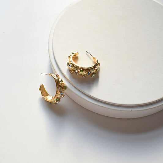 Yellow Embellished Hoop Earrings with Colorful Gemstones-jlt11635