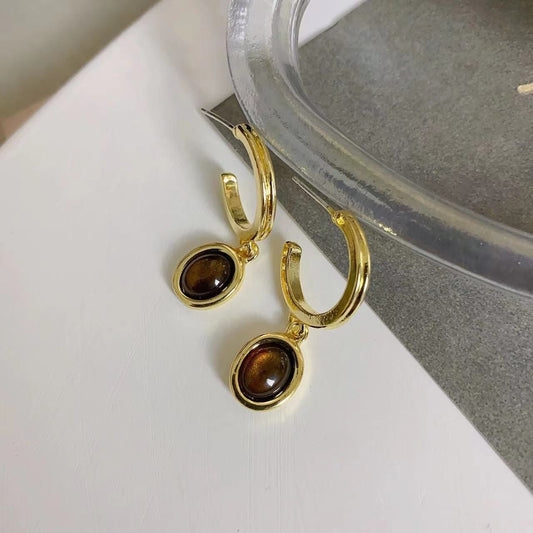 Vintage-Inspired Dew Hoop Earrings with Brown Stone jlt11660
