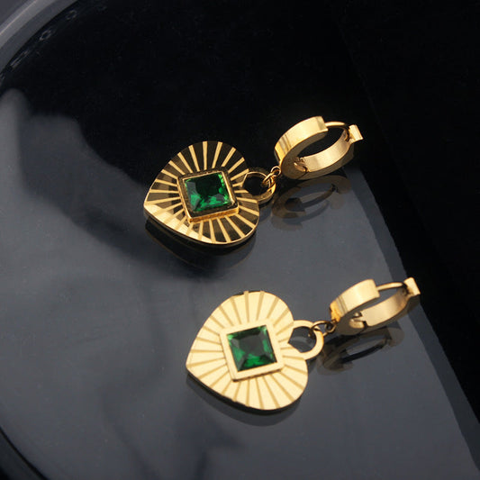 Vintage-Inspired Gold Heart Earrings with Emerald Green Gem -jlt11759
