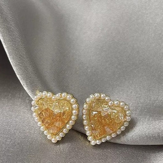 Yellow Crystal Heart Pearl Stud Earrings -jlt11849