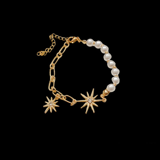 Artifical Golden Starburst Pearl Charm Bracelet  jltb0199