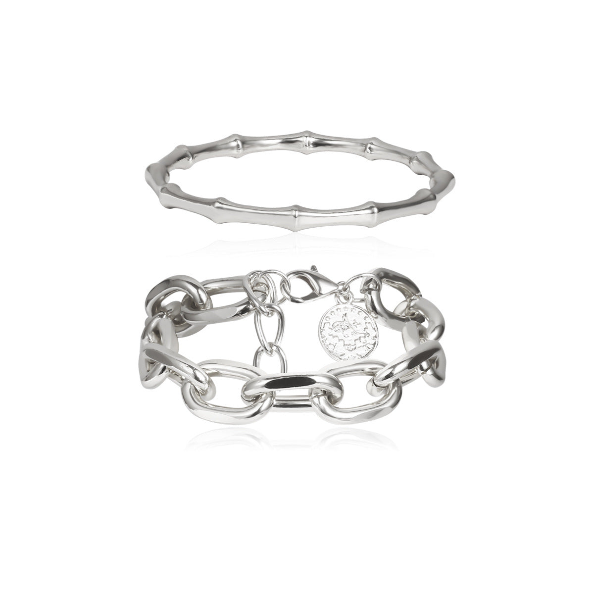 Artifical Silver Dual Charm Bracelet Set – Chunky Link & Bamboo Style Silver Bracelet  jltb0209