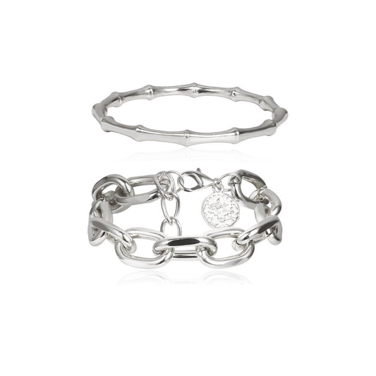 Artifical Silver Dual Charm Bracelet Set – Chunky Link & Bamboo Style Silver Bracelet  jltb0209