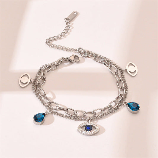 artifical-Dual-Chain Evil Eye Charm Bracelet with Blue Teardrop Crystals-bracelets-jltb0337