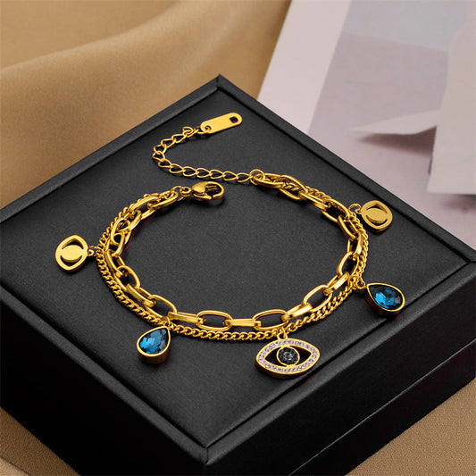 artifical-Dual-Chain Evil Eye Charm Bracelet with Blue Teardrop Crystals-bracelets-jltb0338
