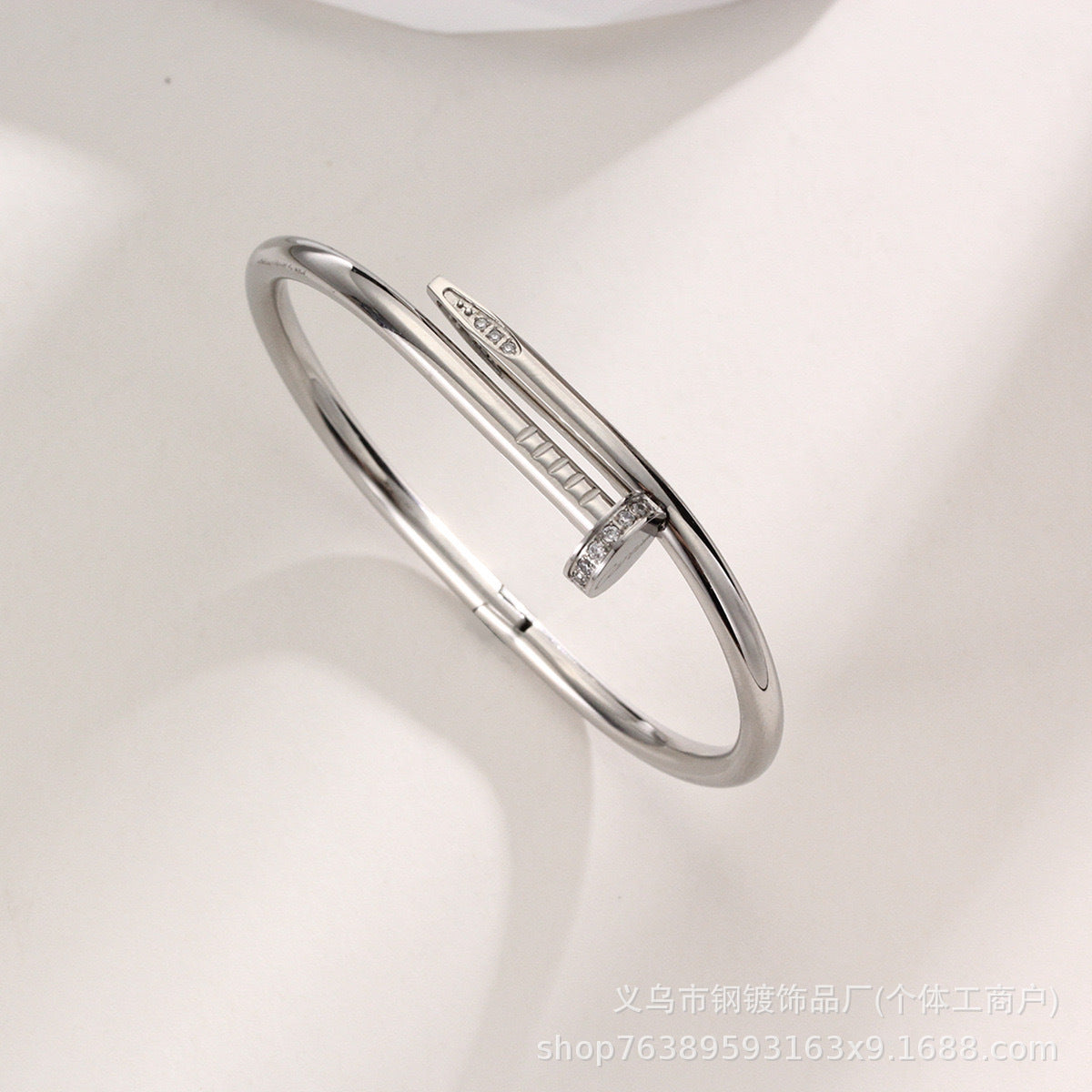 0382-Artificial-Minimalist Nail-Style Silver Bracelet with Sparkling Cubic Zirconia Detailing