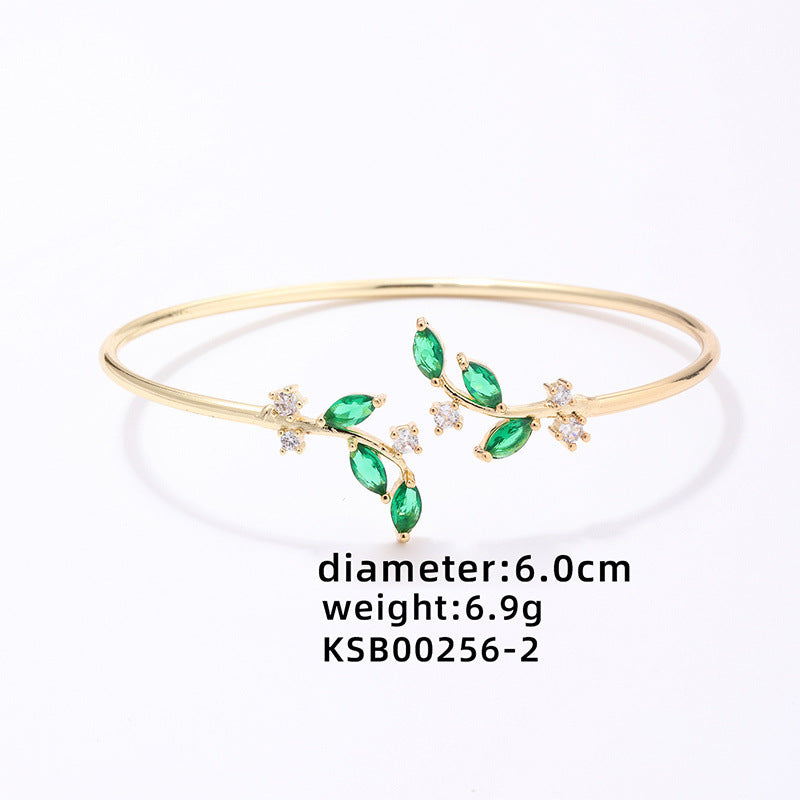 Arificial Nature-Inspired Open Cuff Bracelet with Green Gem Leaves Bracelet jltb0516