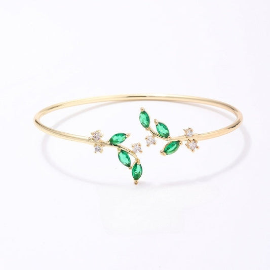 Arificial Nature-Inspired Open Cuff Bracelet with Green Gem Leaves Bracelet jltb0516