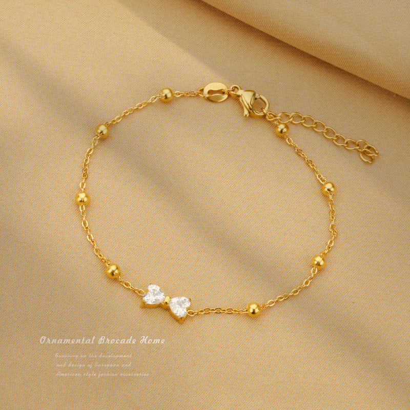 Adjustable Zircon White Bow Golden Bracelet  – Dainty Beaded Chain Design Bracelet jltb0535