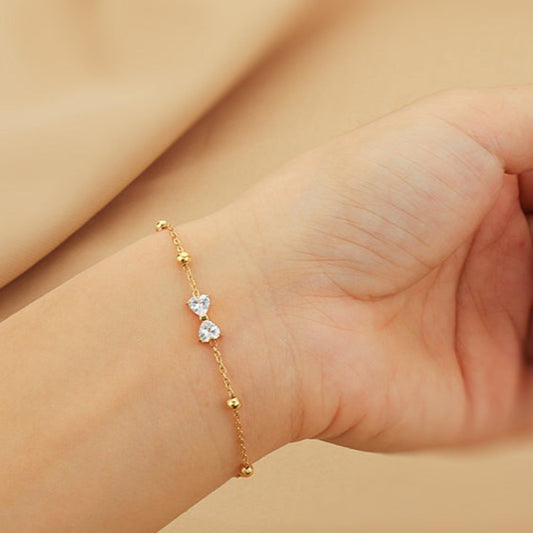 Adjustable Zircon White Bow Golden Bracelet  – Dainty Beaded Chain Design Bracelet jltb0535