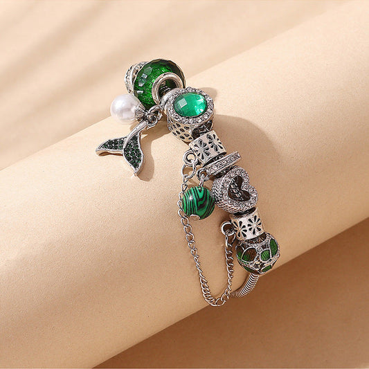 Whimsical Marine-Inspired Green Stone Embedded Charms Bracelet JLTB0616
