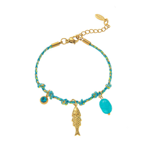 "Turquoise and Gold Braided Charm Rope Bracelet" JLTB0829