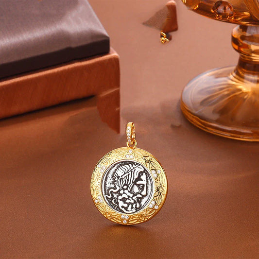 Antique Roman Head Coin Charm Pendant – Textured Gold & Silver Design jltch0047