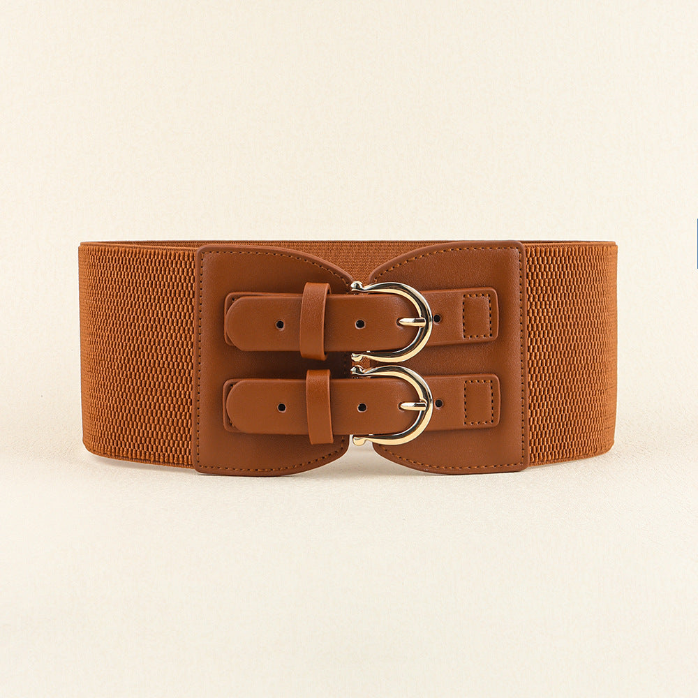 "Elastic Waist Belt with Pin Buckle – High-Stretch Versatile Double Buckle Design"