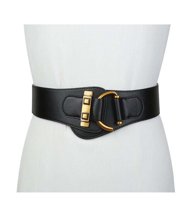 Women's wide belt decorated suit with skirt, sweater, coat, elastic waistband