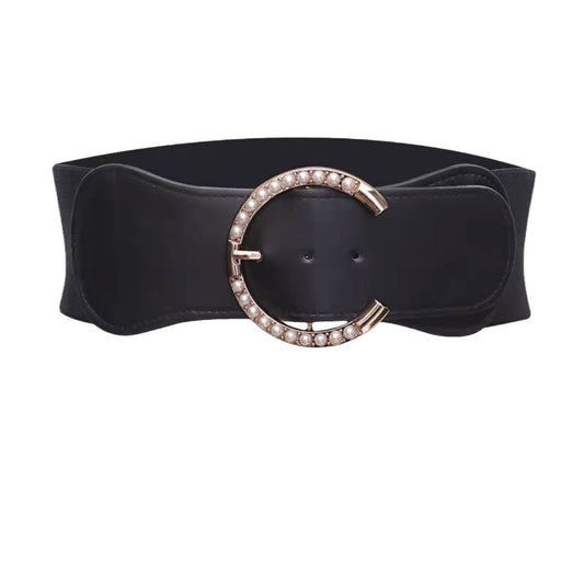 "Women’s Wide Pearl Girdle Belt – Black Waist Accessory for Dresses & Coats"