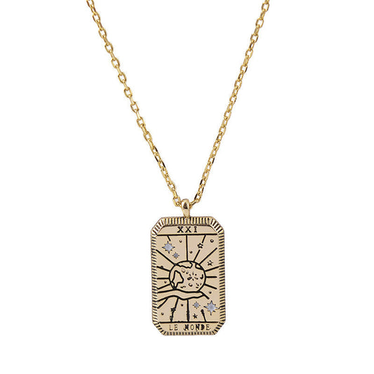 "Le Monde" Tarot Necklace – Gold-Color World Card Pendant for Completion & Wholeness jltn0623