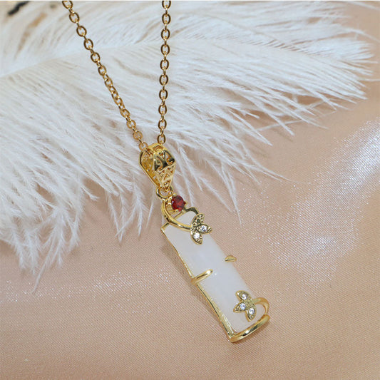 "Floral Bamboo Pendant Necklace | Elegant Gold Jewelry with Gemstone Accents"-jltn0658