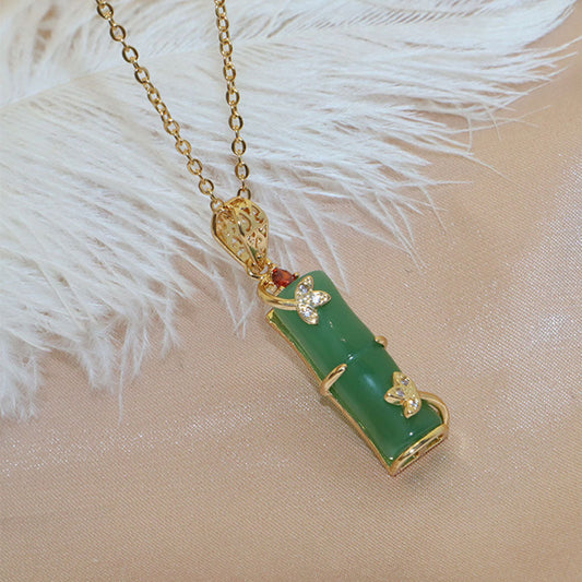 "Floral Green Bamboo Pendant Necklace | Elegant Gold Jewelry with Gemstone Accents"-jltn0659