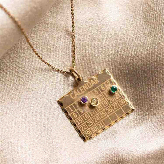 "Calendar Pendant Necklace with Gemstones | Personalized Gold Jewelry"-jltn0661