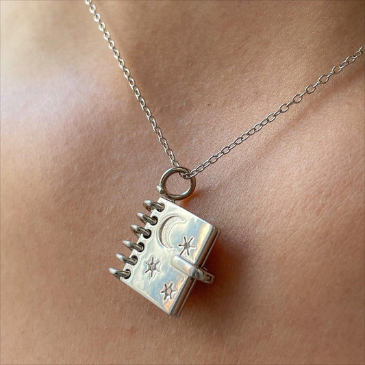 "Silver Notebook Pendant Necklace | Whimsical Jewelry for Creative Souls"-jltn0665