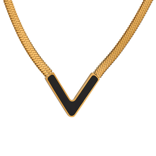 V-Shaped Black Enamel Pendant Chain Necklace-jltn0693