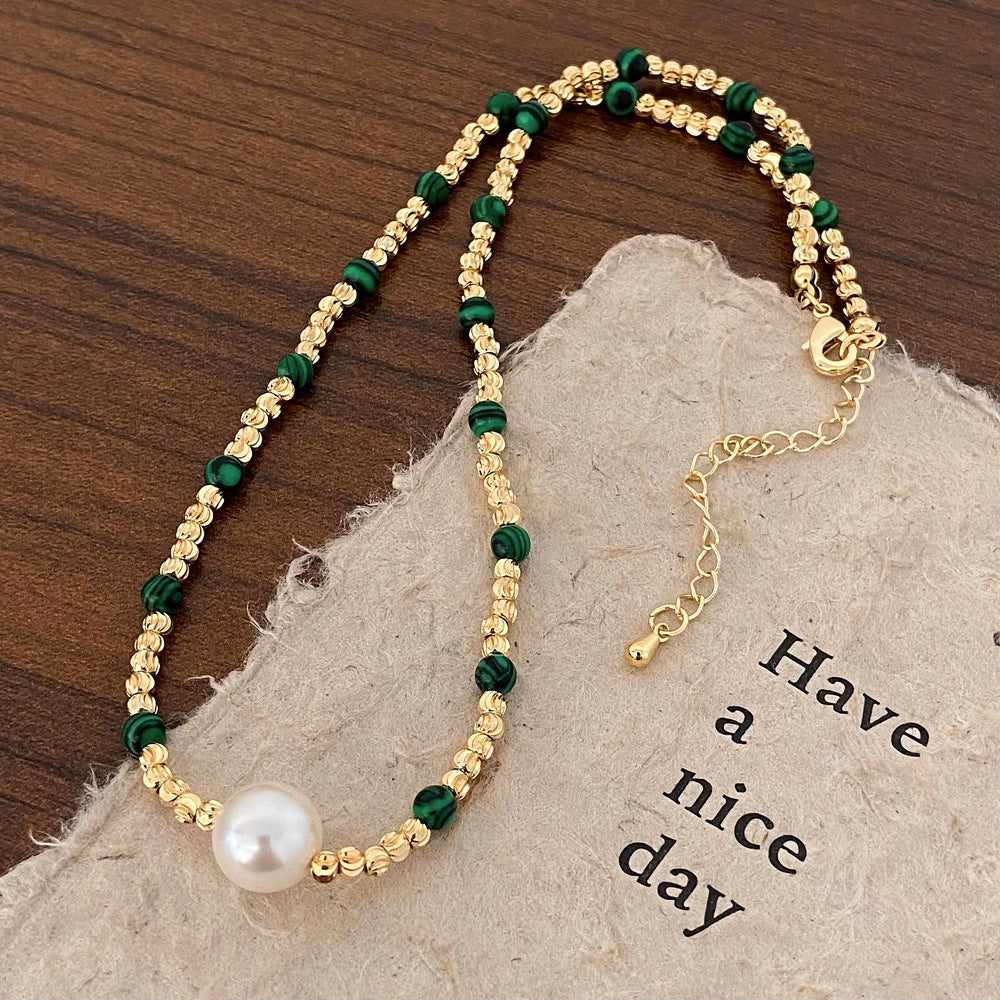 White Pearl Green Beaded Gold Necklace jltn1148