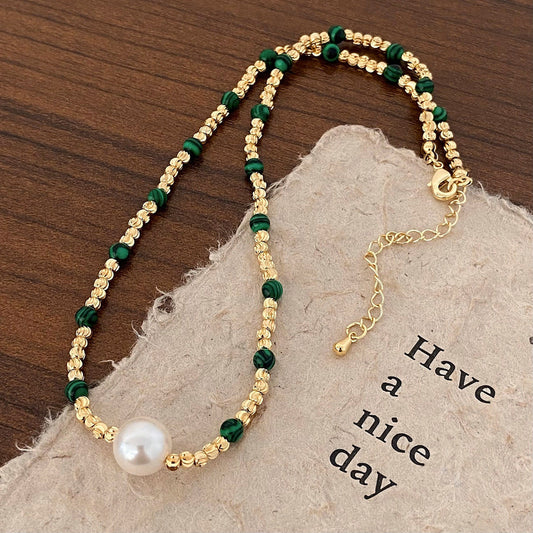 White Pearl Green Beaded Gold Necklace jltn1148
