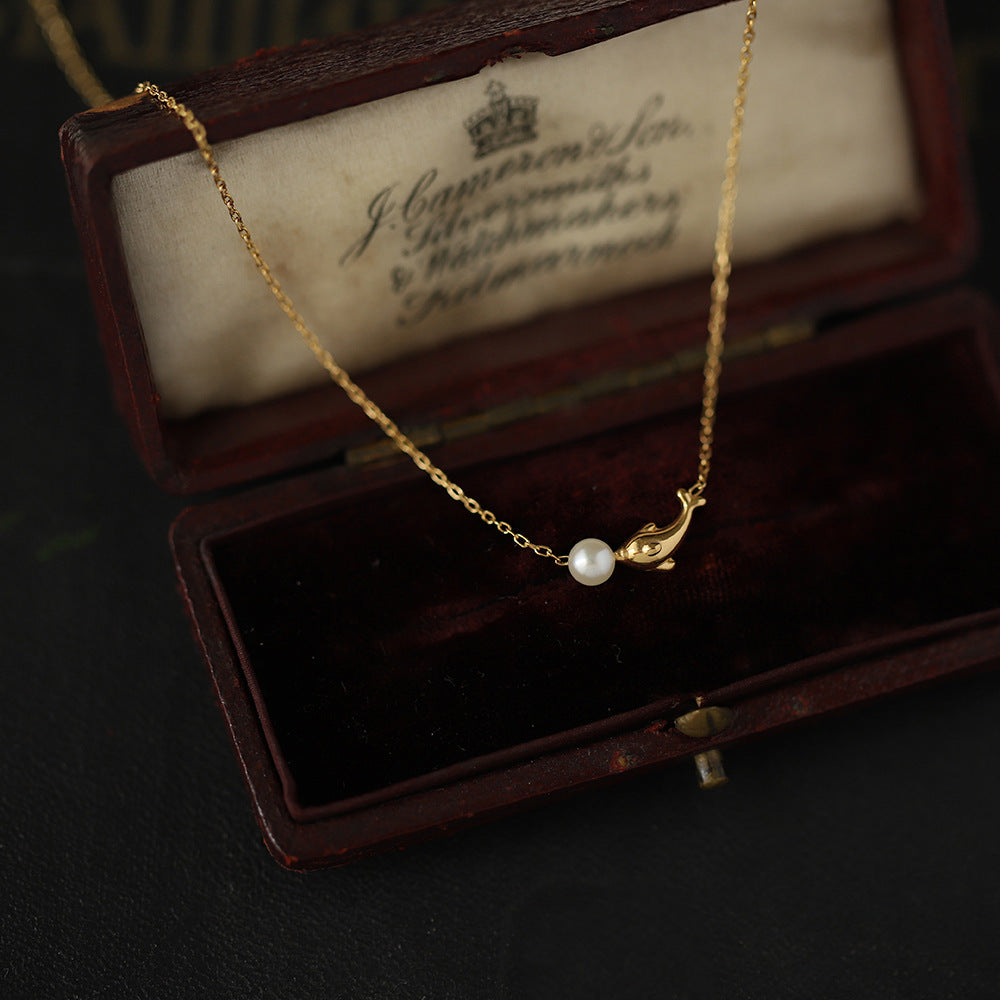 White Pearl Dolphin Shape Gold Necklace JLTN1171