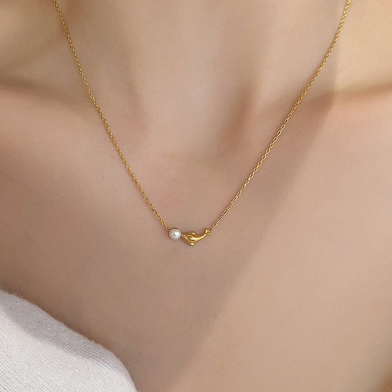 White Pearl Dolphin Shape Gold Necklace JLTN1171