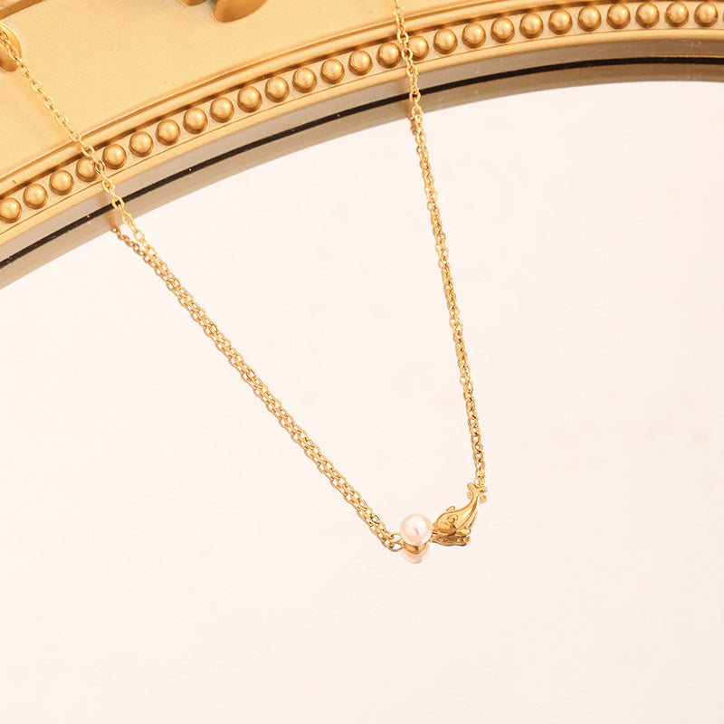 White Pearl Dolphin Shape Gold Necklace JLTN1171