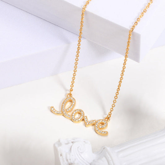 White Stone Inlaid on LOVE Pendant Gold Necklace JLTN1292